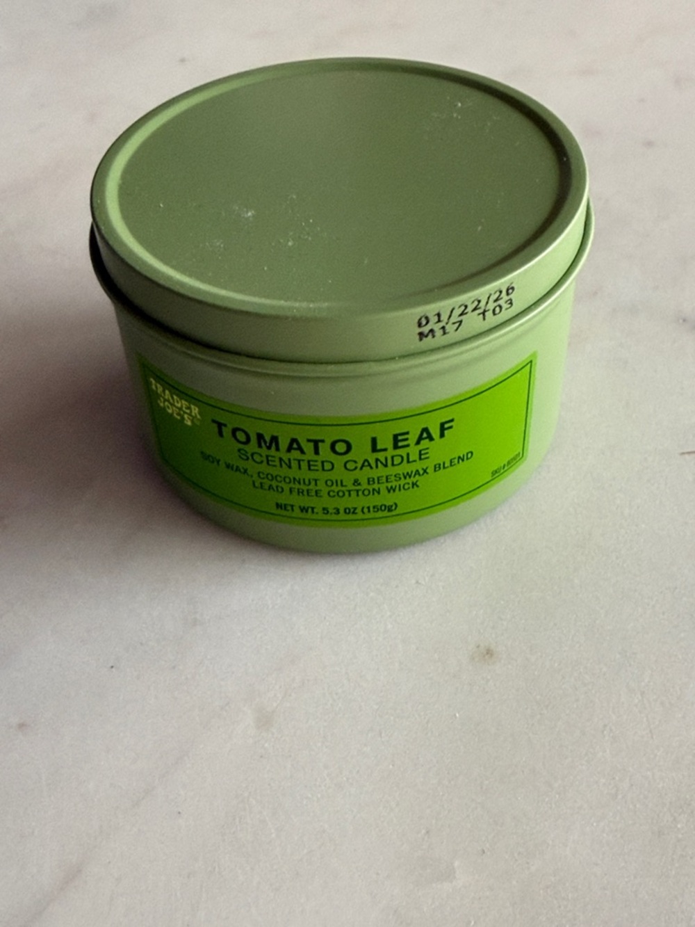 Trader Joe’s Tomato Leaf Scented Candle - Green Tin